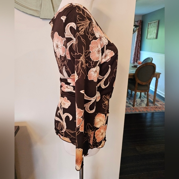 Moa Moa Size Large Vintage Made In USA Chocolate Floral Faux Wrap Fitted Top 90s - Picture 4 of 9